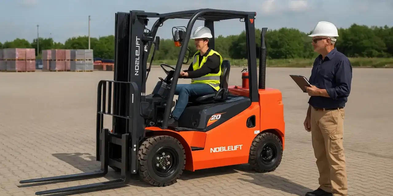 Pomarańczowy wózek widłowy Noblelift z operatorem w kamizelce i kaskiem, obok stoi mężczyzna z notatnikiem.