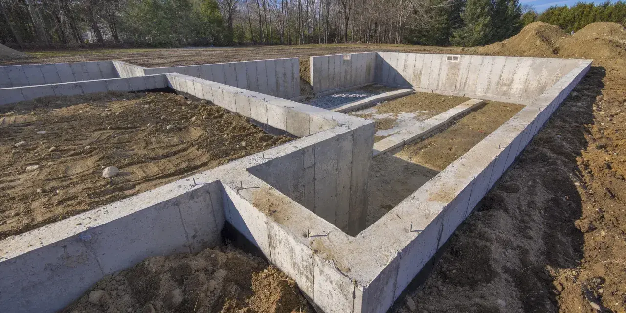 Solidna papa fundamentowa tworzy podstawę dla przyszłego domu. Betonowe ściany fundamentowe otaczają wykop.