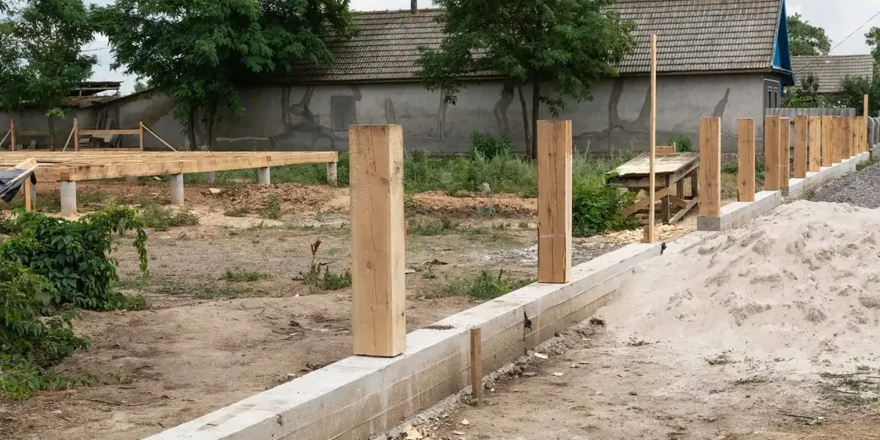 Solidny fundament pod ogrodzenie z drewnianymi słupkami, w tle budowa domu.