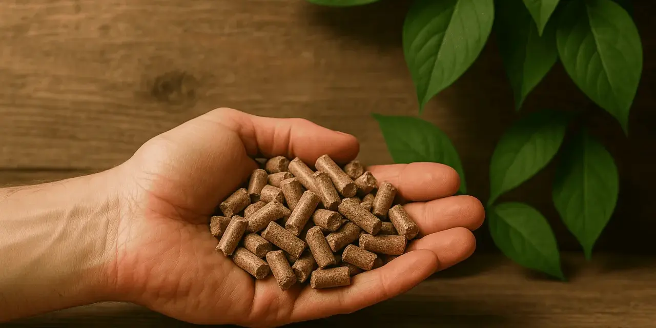 Dłoń trzymająca pellet drzewny, symbol ekologicznego ogrzewania. Sprawdź, czy przysługuje Ci dofinansowanie do pieca na pellet.