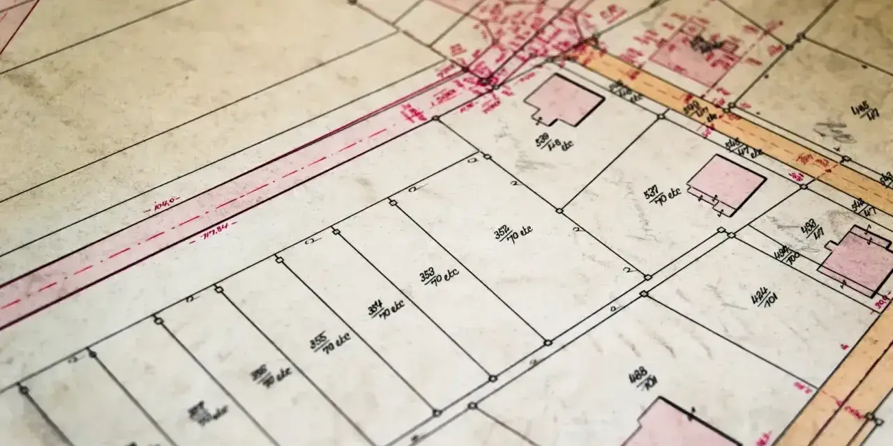 Stara mapa ewidencyjna z zaznaczonymi działkami, budynkami i liniami granicznymi.