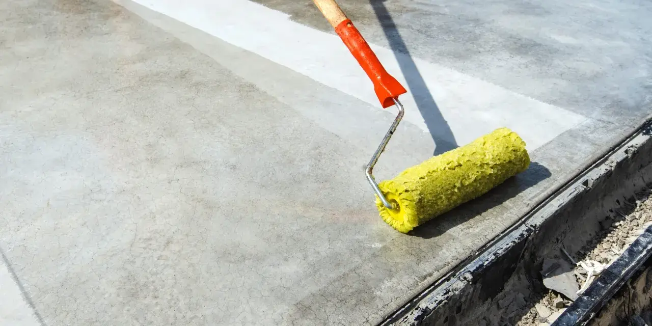 Wałek z żółtym włosiem rozprowadza środek do impregnacji betonu na szarej powierzchni.