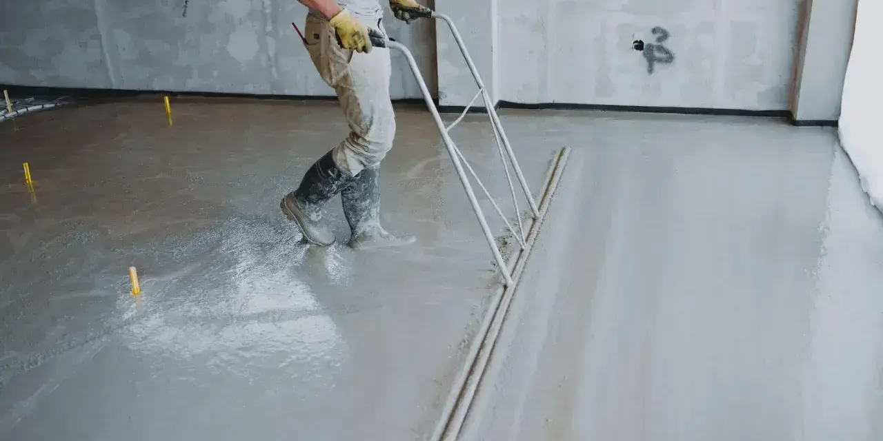 Pracownik wyrównuje świeżą wylewkę betonową. Czas, ile schnie wylewka betonowa, zależy od wielu czynników.