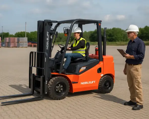 Pomarańczowy wózek widłowy Noblelift z operatorem w kamizelce i kaskiem, obok stoi mężczyzna z notatnikiem.