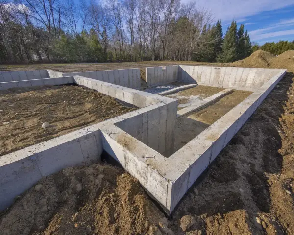 Solidna papa fundamentowa tworzy podstawę dla przyszłego domu. Betonowe ściany fundamentowe otaczają wykop.