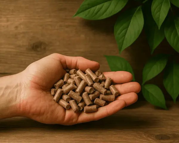 Dłoń trzymająca pellet drzewny, symbol ekologicznego ogrzewania. Sprawdź, czy przysługuje Ci dofinansowanie do pieca na pellet.