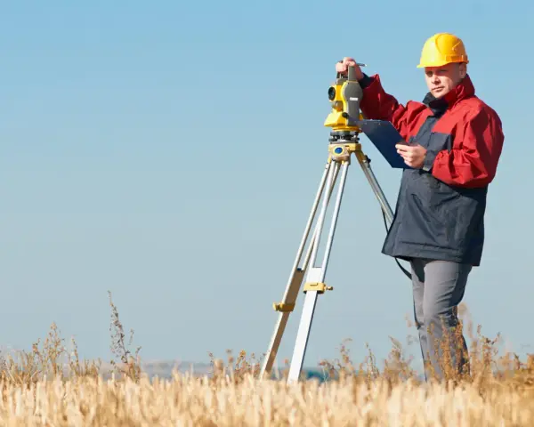 Geodeta w żółtym kasku pracuje z tachimetrem na polu. Zastanawiasz się, ile kosztuje geodeta?