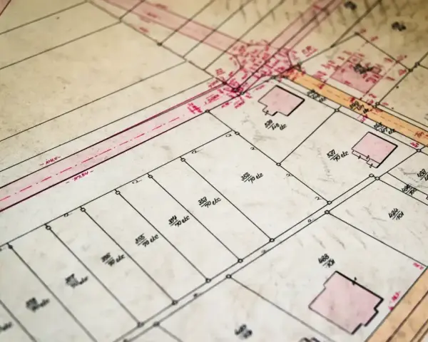 Stara mapa ewidencyjna z zaznaczonymi działkami, budynkami i liniami granicznymi.
