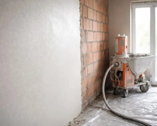 Maszyna do tynkowania ścian w akcji. Ściana pokryta świeżym tynkiem, obok ceglana konstrukcja i sprzęt budowlany.