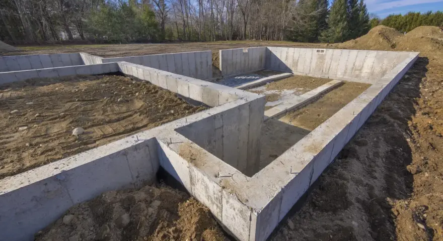 Solidna papa fundamentowa tworzy podstawę dla przyszłego domu. Betonowe ściany fundamentowe otaczają wykop.