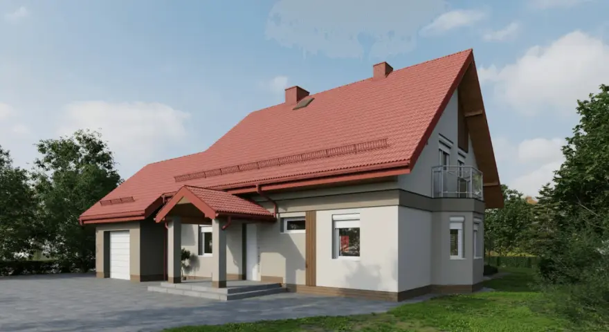 Nowoczesny projekt elewacji domu z czerwonym dachem, garażem i balkonem.