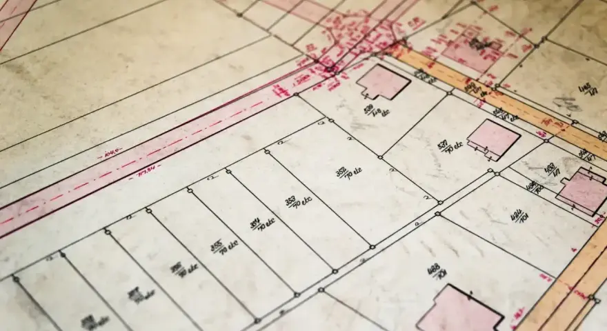 Stara mapa ewidencyjna z zaznaczonymi działkami, budynkami i liniami granicznymi.