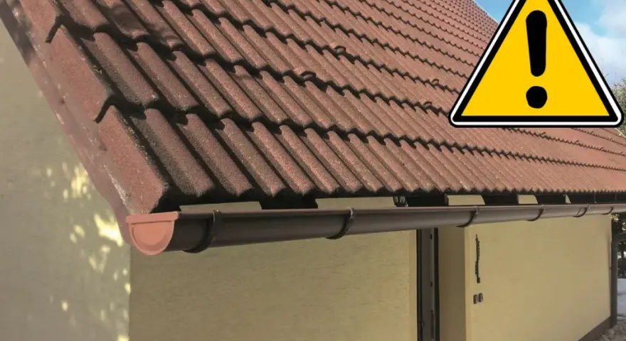 Uwaga na dach! Brązowe dachówki i rynny tworzą opierzenie dachu, które wymaga uwagi.