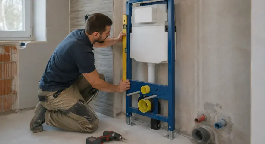 Instalator sprawdza pion przedścianki podtynkowej do WC.