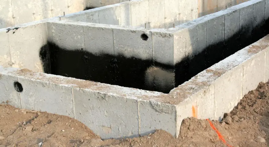 Surowe ściany fundamentowe z betonu, częściowo pokryte czarną izolacją przeciwwilgociową, otoczone ziemią.