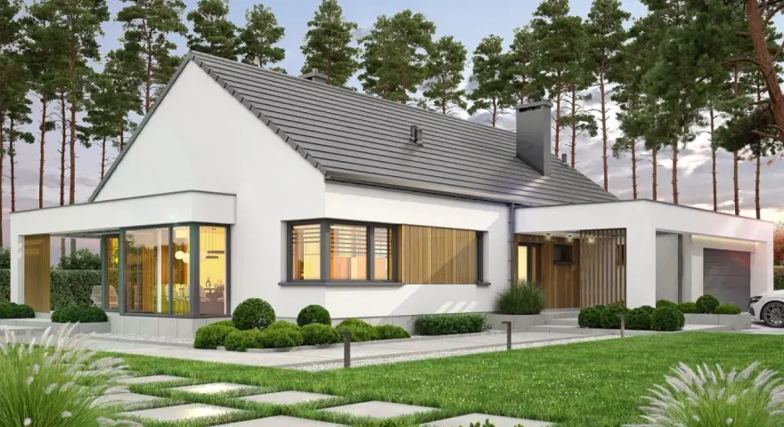 Nowoczesne domy parterowe do 120m2. Biały, minimalistyczny budynek z dużymi oknami i drewnianymi elementami, otoczony zielenią.