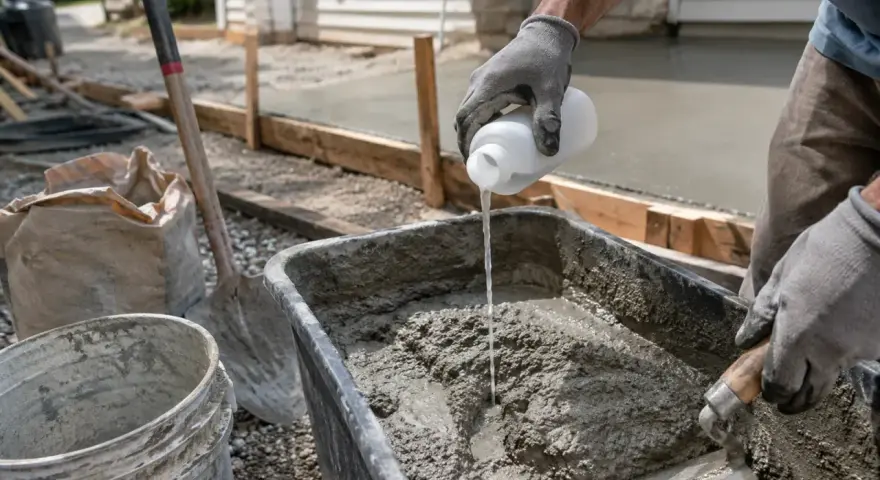 Rękawiczki i łopatka mieszają szybki beton w wózku. Obok leży worek z cementem i wiadro.