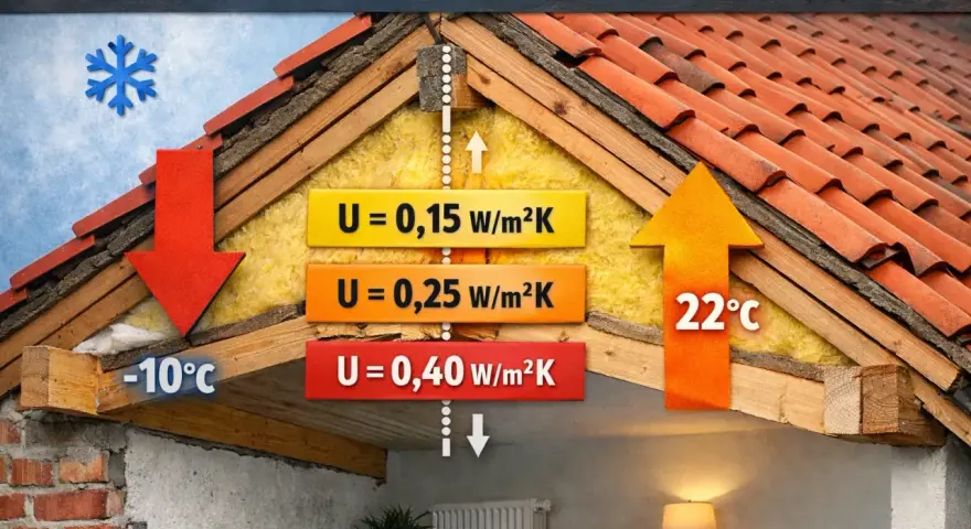 Przekrój dachu ilustruje opór cieplny. Strzałki pokazują przepływ ciepła z zewnątrz (-10°C) do wnętrza (22°C) przez izolację o różnym współczynniku U.