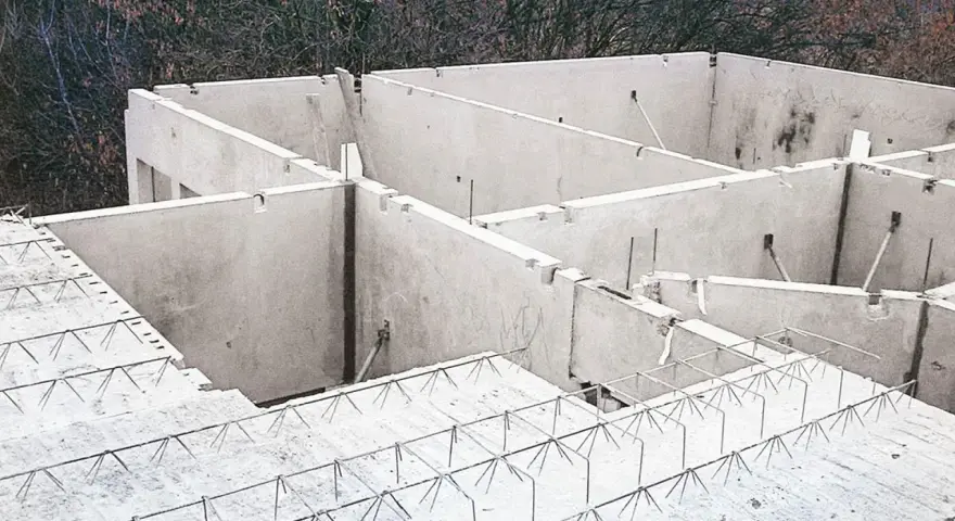 Budowa stropu filigran: betonowe elementy i zbrojenie na placu budowy.