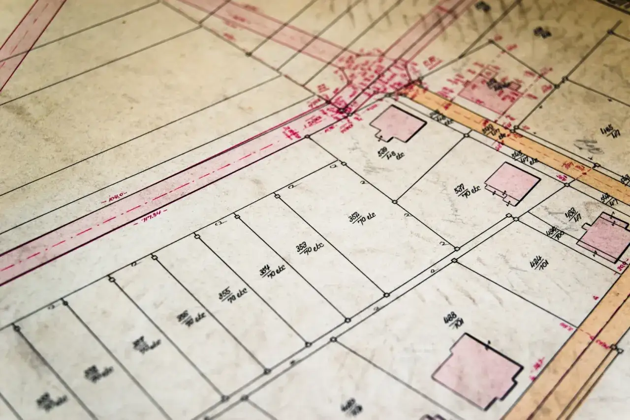 Stary plan geodezyjny z zaznaczonymi działkami i budynkami. Widoczny numer ewidencyjny działki 353.