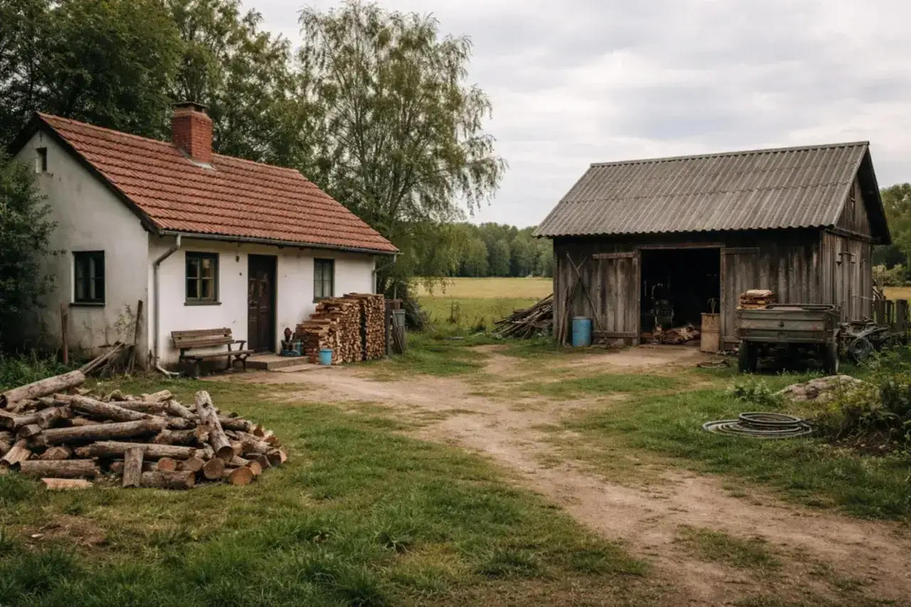 Zabudowa zagrodowa: biały domek z czerwonym dachem, stodoła, drewno opałowe i przyczepa.