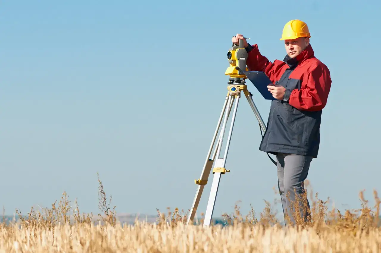 Geodeta w żółtym kasku pracuje z tachimetrem na polu. Zastanawiasz się, ile kosztuje geodeta?